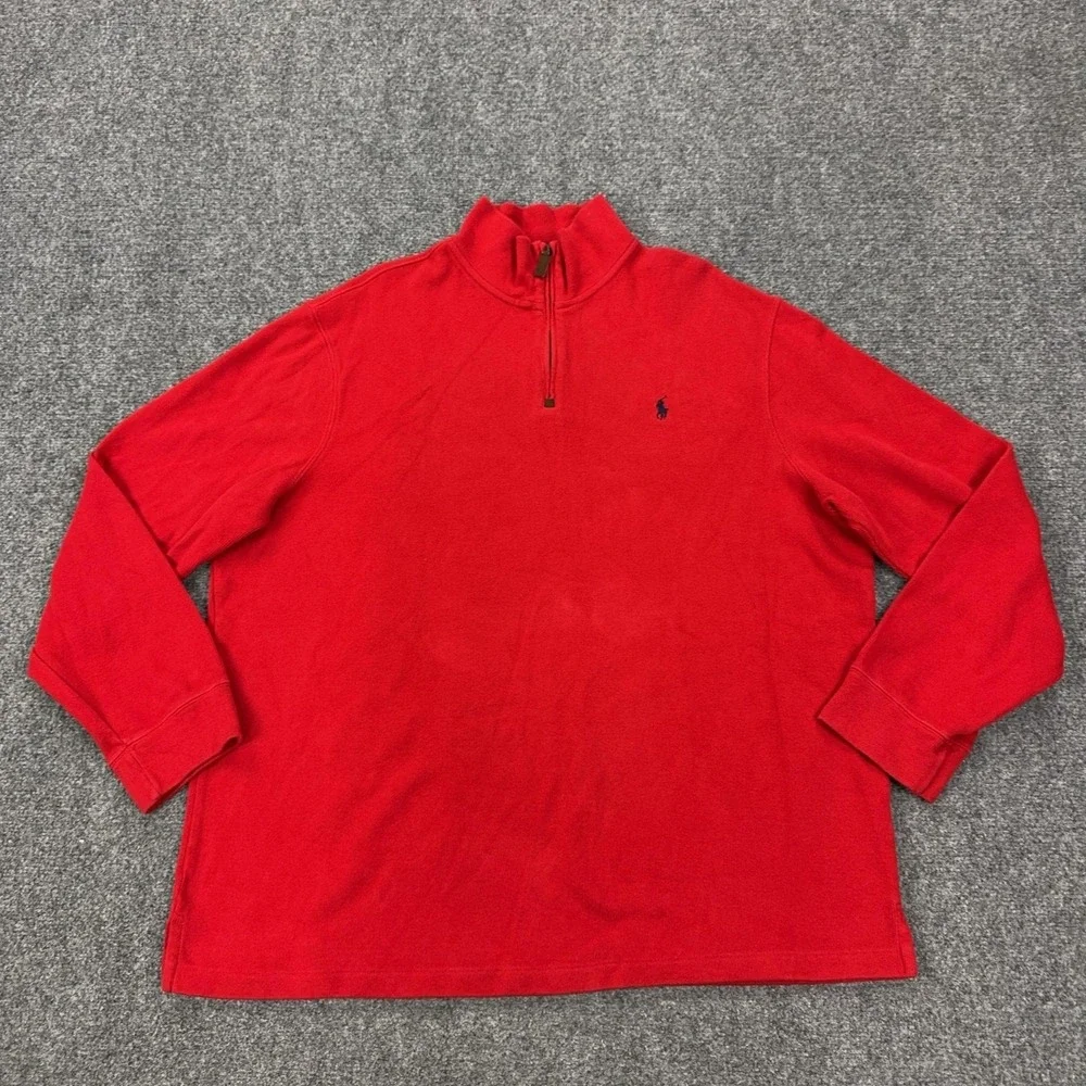 Vintage Polo By Ralph Lauren Sweater Mens 2XL Red 1/4 Zip Mock Neck Cotton Knit